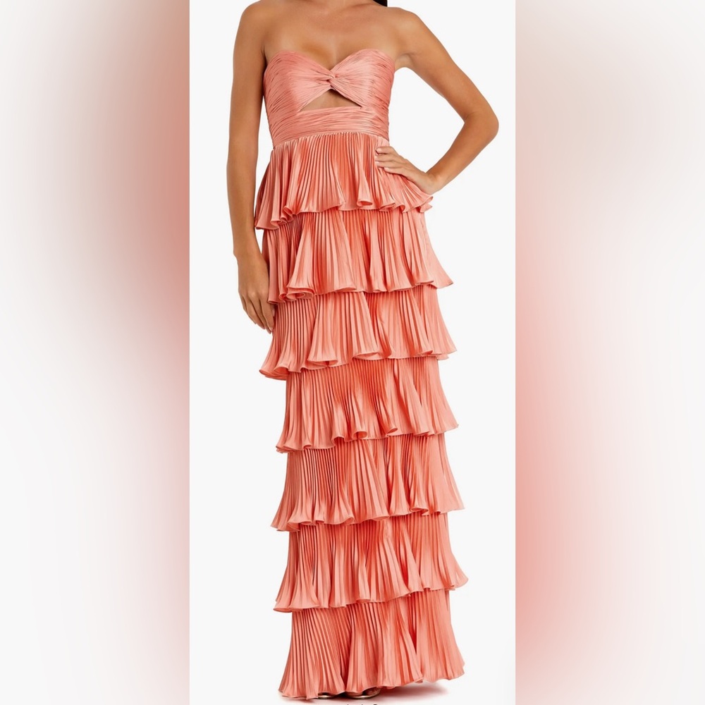 IEENA FOR MAC DUGGAL
Pink Pleated Charmeuse Strapless Tiered Ruffle Gown